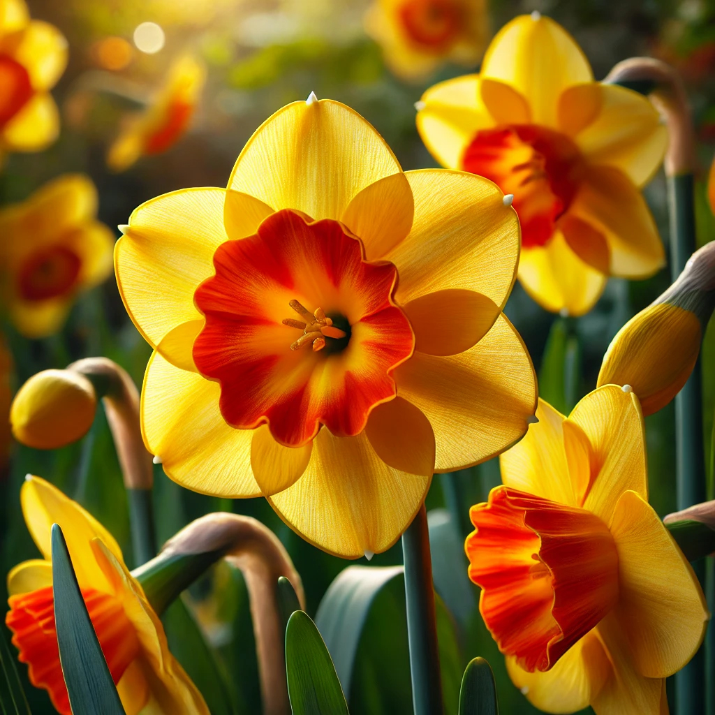 A close up view of vibrant Jetfire daffodil flowers with striking orange trumpet shaped centers and bright yellow petals