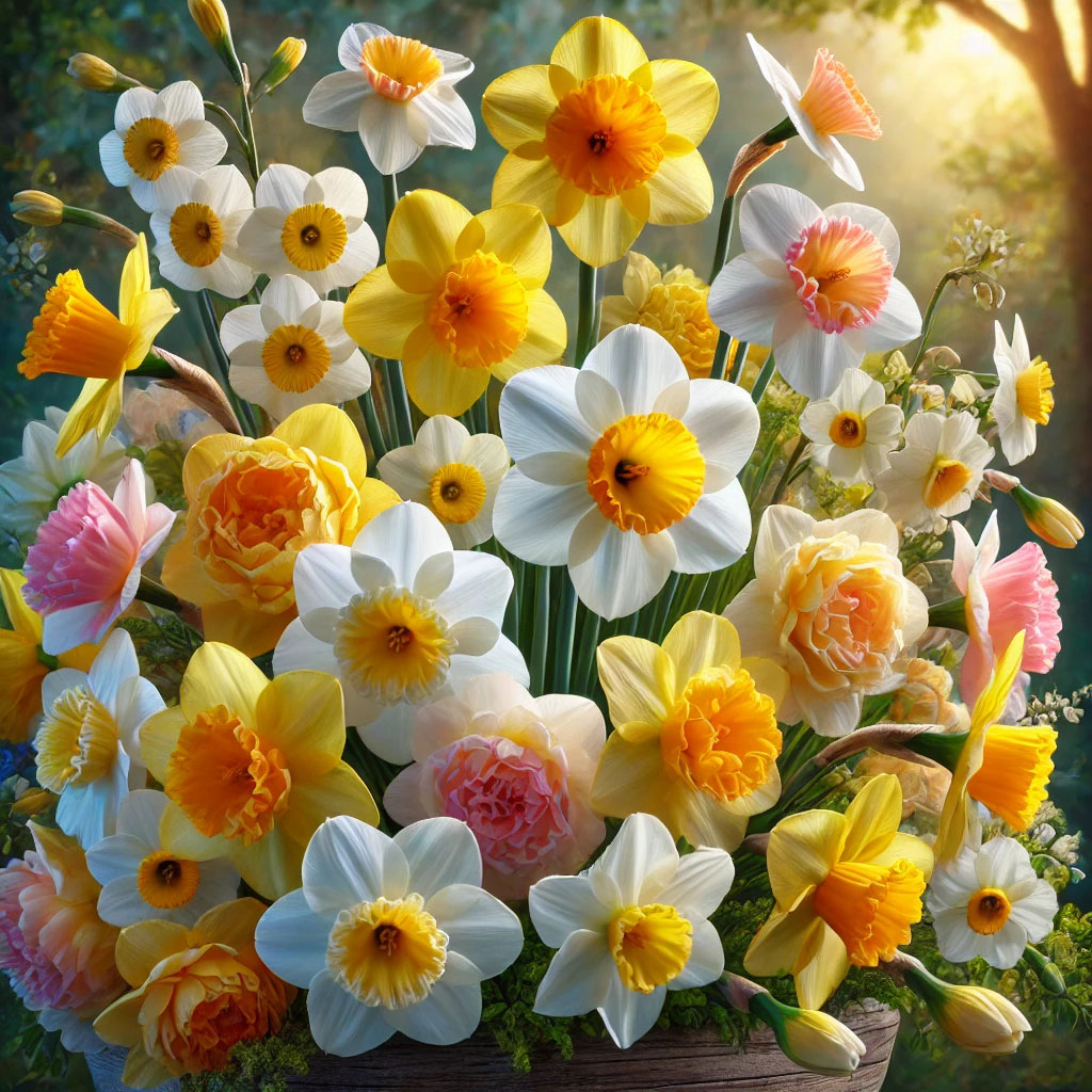 A vibrant arrangement of daffodil flowers in various colors including bright yellow soft white light pink and pale orange