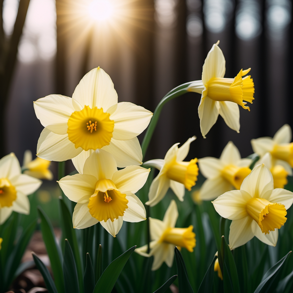 A beautiful cluster of Jonquil daffodils, featuring small, fragrant flowers with yellow petals and short orange cups.